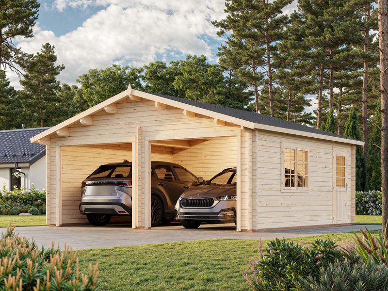 Garage Roger 28,4 m2 en bois 44 mm deux véhicules sans porte de façade traité au choix