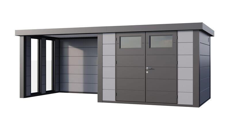 Abri de jardin en acier Eleganto 3024 de 7,1 m² avec auvent small fermé et fenêtres