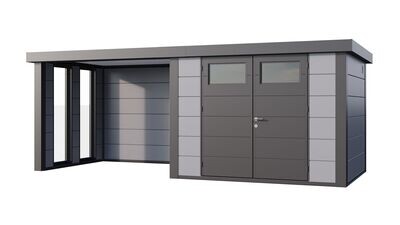 Abri de jardin en acier Eleganto 3024 de 7,1 m² avec auvent small fermé et fenêtres