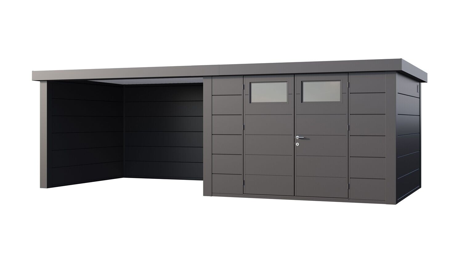 Abri de jardin en acier Eleganto 3030 de 8,9 m² avec auvent large fermé
