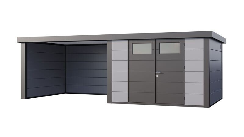 Abri de jardin en acier Eleganto 3030 de 8,9 m² avec auvent large fermé