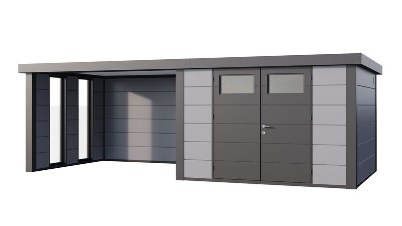 Abri de jardin en acier Eleganto 3030 de 8,9 m² avec auvent large fermé et fenêtres