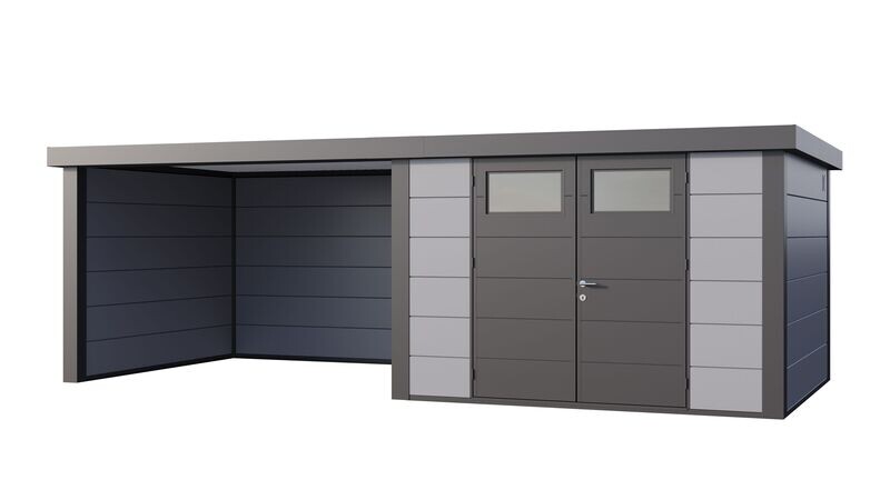 Abri de jardin en acier Eleganto 3330 de 9,8 m² avec auvent large fermé de 10,2m²