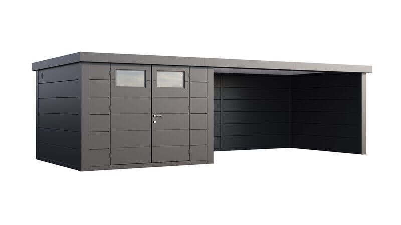 Abri de jardin en acier Eleganto 3330 de 9,8 m² avec auvent extra large de 13.8m²