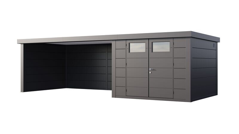 Abri de jardin en acier Eleganto 3330 de 9,8 m² avec auvent extra large de 13.8m²