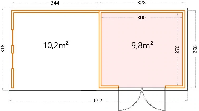 Abri de jardin en acier Eleganto 3330 de 9,8 m² avec auvent extra large de 13.8m² et fenêtres