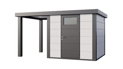 Abri de jardin en acier Eleganto 2424 de 5,7 m² avec auvent small ouvert au choix