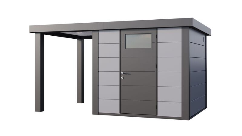 Abri de jardin en acier Eleganto 2424 de 5,7 m² avec auvent small ouvert au choix