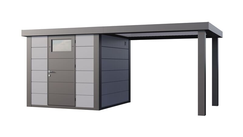 Abri de jardin en acier Eleganto 2424 de 5,7 m² avec auvent large ouvert de 6,8m² au choix