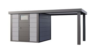 Abri de jardin en acier Eleganto 2424 de 5,7 m² avec auvent large ouvert de 6,8m² au choix