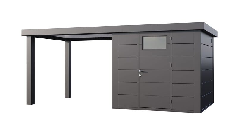 Abri de jardin en acier Eleganto 2424 de 5,7 m² avec auvent large ouvert de 6,8m² au choix