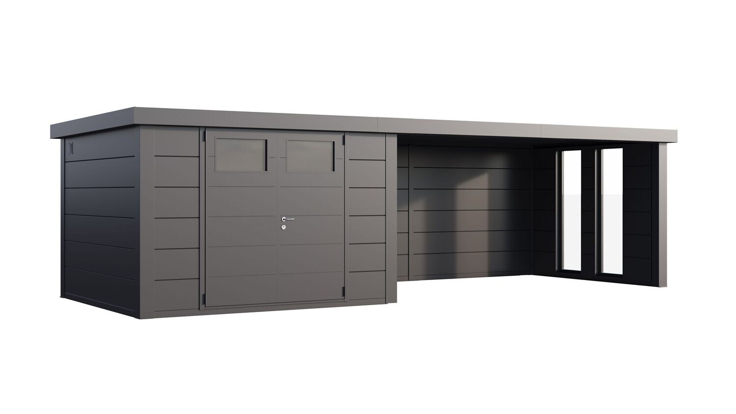 Abri de jardin en acier Eleganto 3030 de 8,9 m² avec auvent extra large fermé et fenêtres