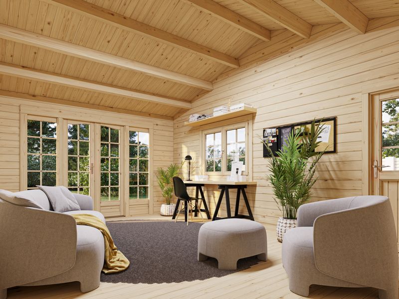 Chalet de jardin deux pentes Irene 19+33.2 m2 en bois 44 mm avec plancher traité au choix
