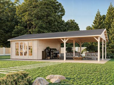 Chalet de jardin deux pentes Irene 19+33.2 m2 en bois 44 mm avec plancher traité au choix