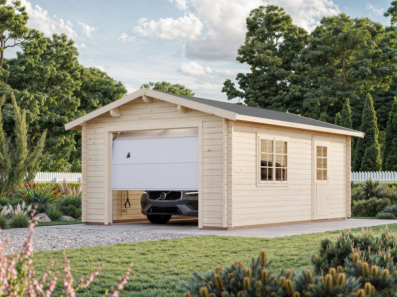 Garage toit deux pentes ROGER 19 m² en bois 44 mm avec porte sectionnelle traitement au choix