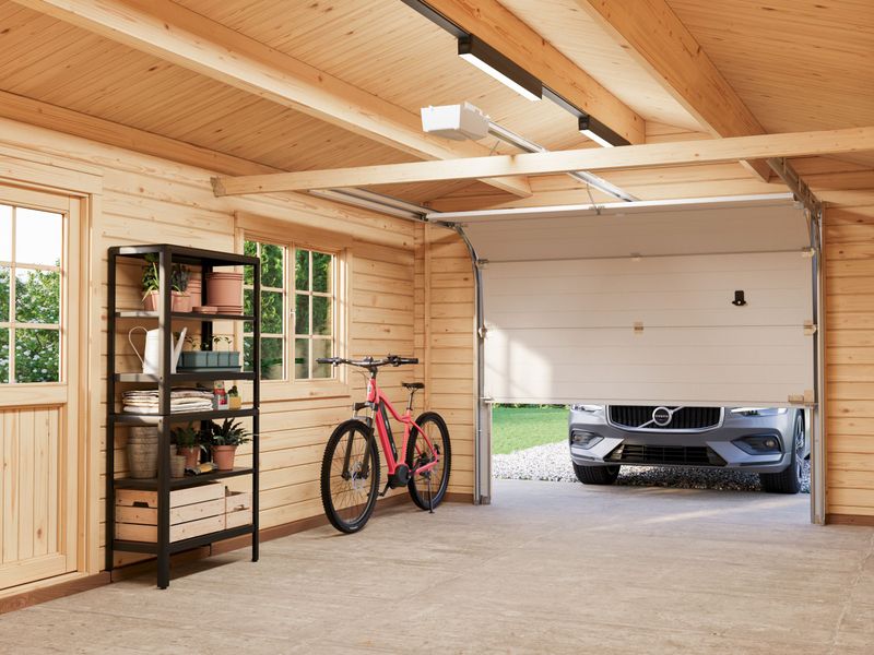 Garage toit deux pentes ROGER 19 m² en bois 44 mm avec porte sectionnelle traitement au choix
