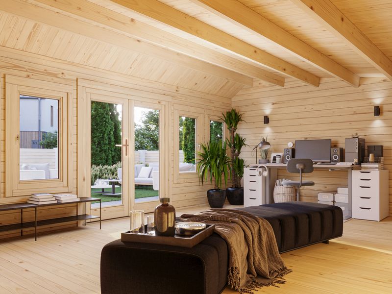Chalet de jardin deux pentes asymétrique Claudia 19,4 m2 en bois 44 mm au choix avec plancher