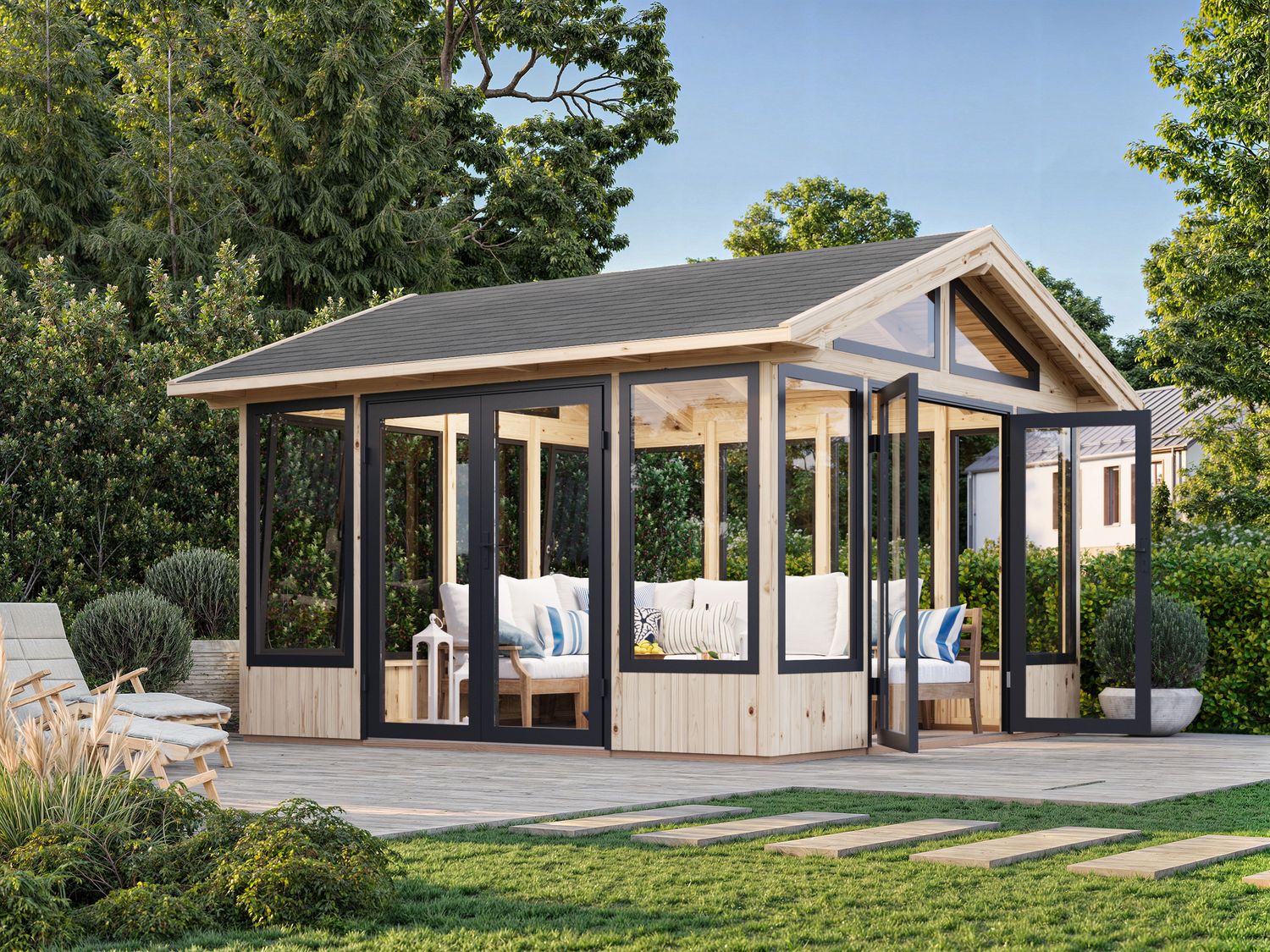Pavillon de jardin ISABELLA 14.7 m2 avec portes et fenêtres en aluminium traité au choix