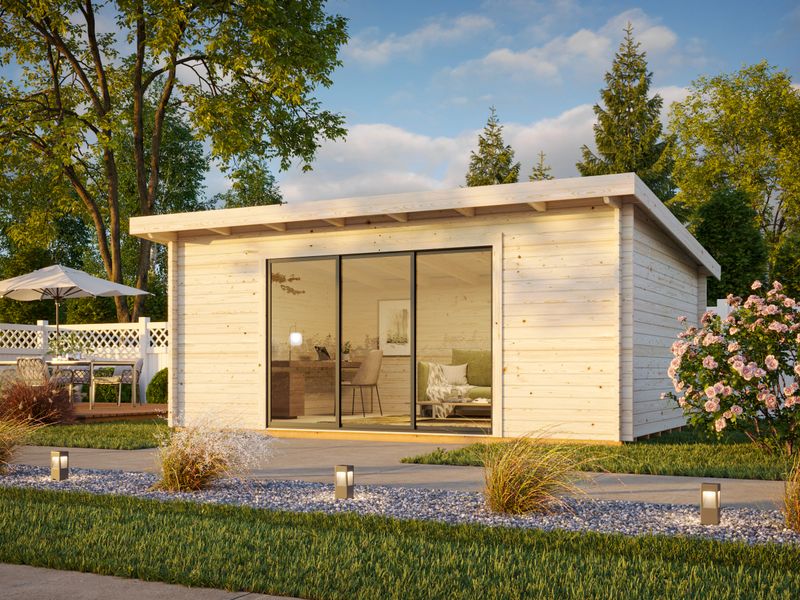 STUDIO de jardin avec portes coulissantes en aluminium LEA SLIDE PLUS 19.4 m2 en bois 44 mm avec plancher traité au choix