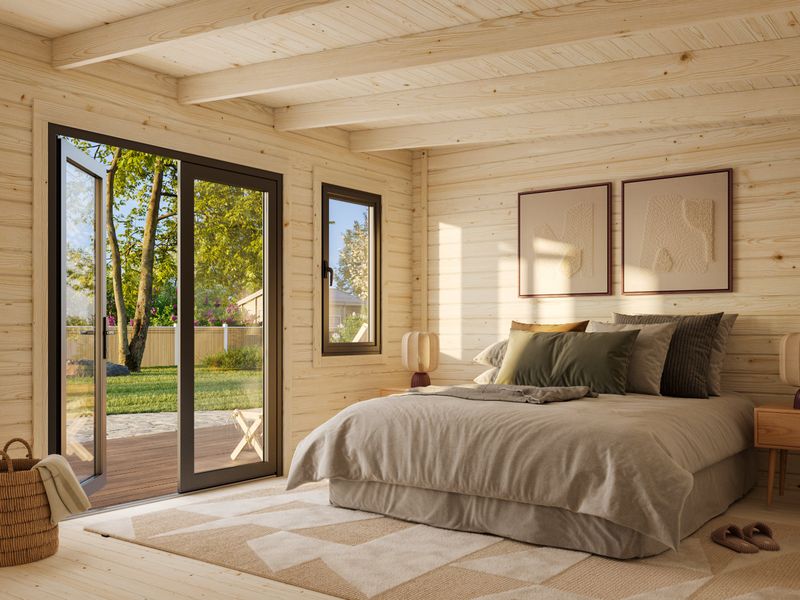 Studio de jardin toit plat LISANDRA 14.2m2 en bois 44mm Traité au choix avec portes et fenêtres en aluminium