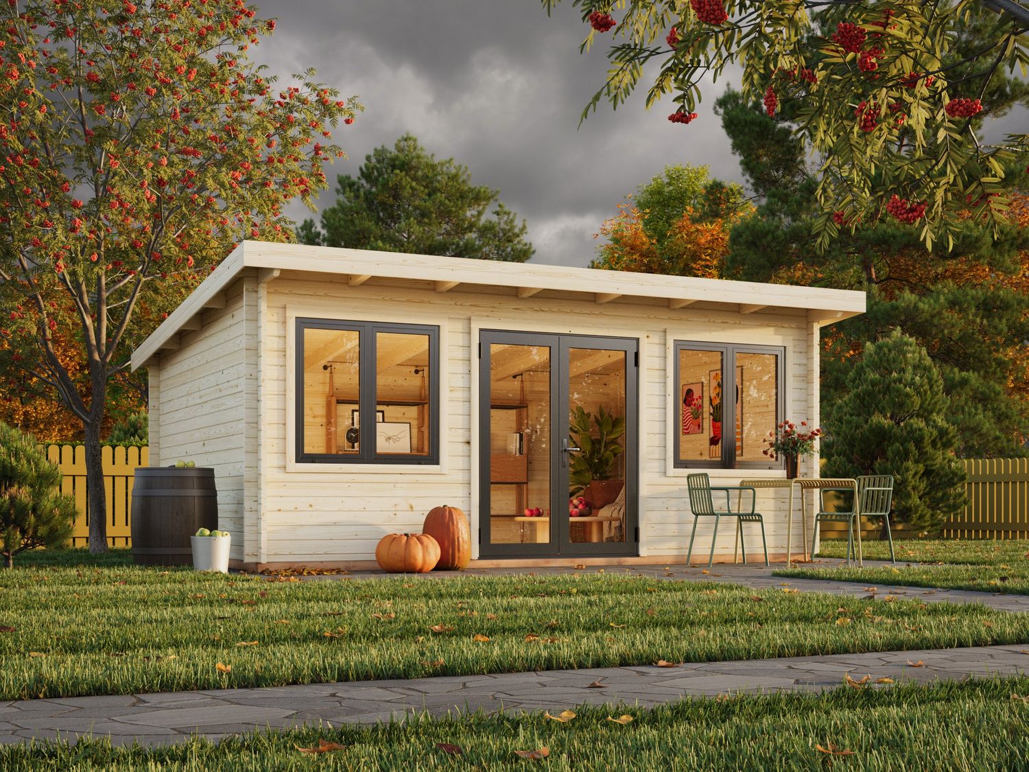 Studio de jardin toit plat LISANDRA 19.4m2 en bois 44mm Traité au choix avec portes et fenêtres en aluminium