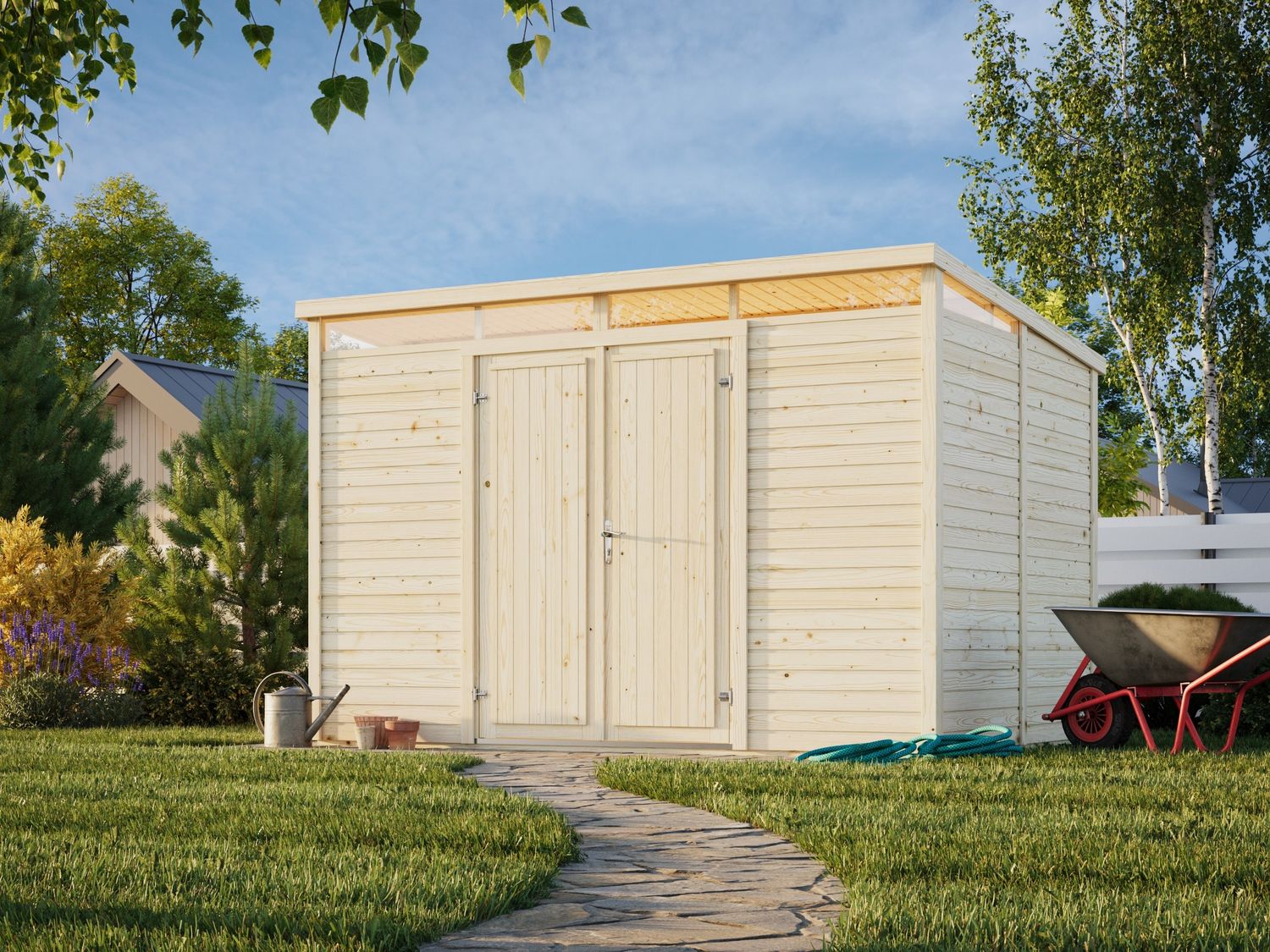Abri de Rangement toit plat en bois ELIAS 7.3 m2 panneaux préfabriqués traité au choix