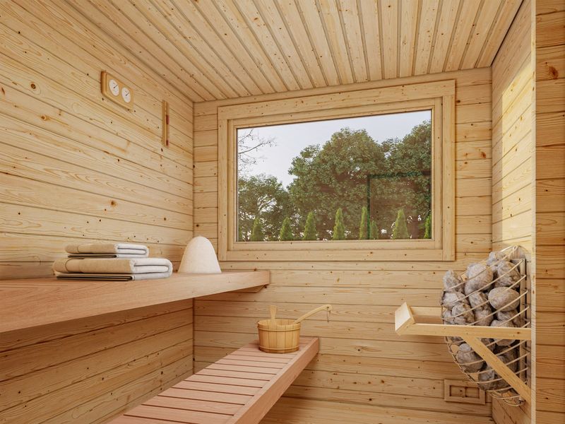 Sauna d'extérieur en madriers SANNA 11.5 m2 en bois 44 mm toit plat