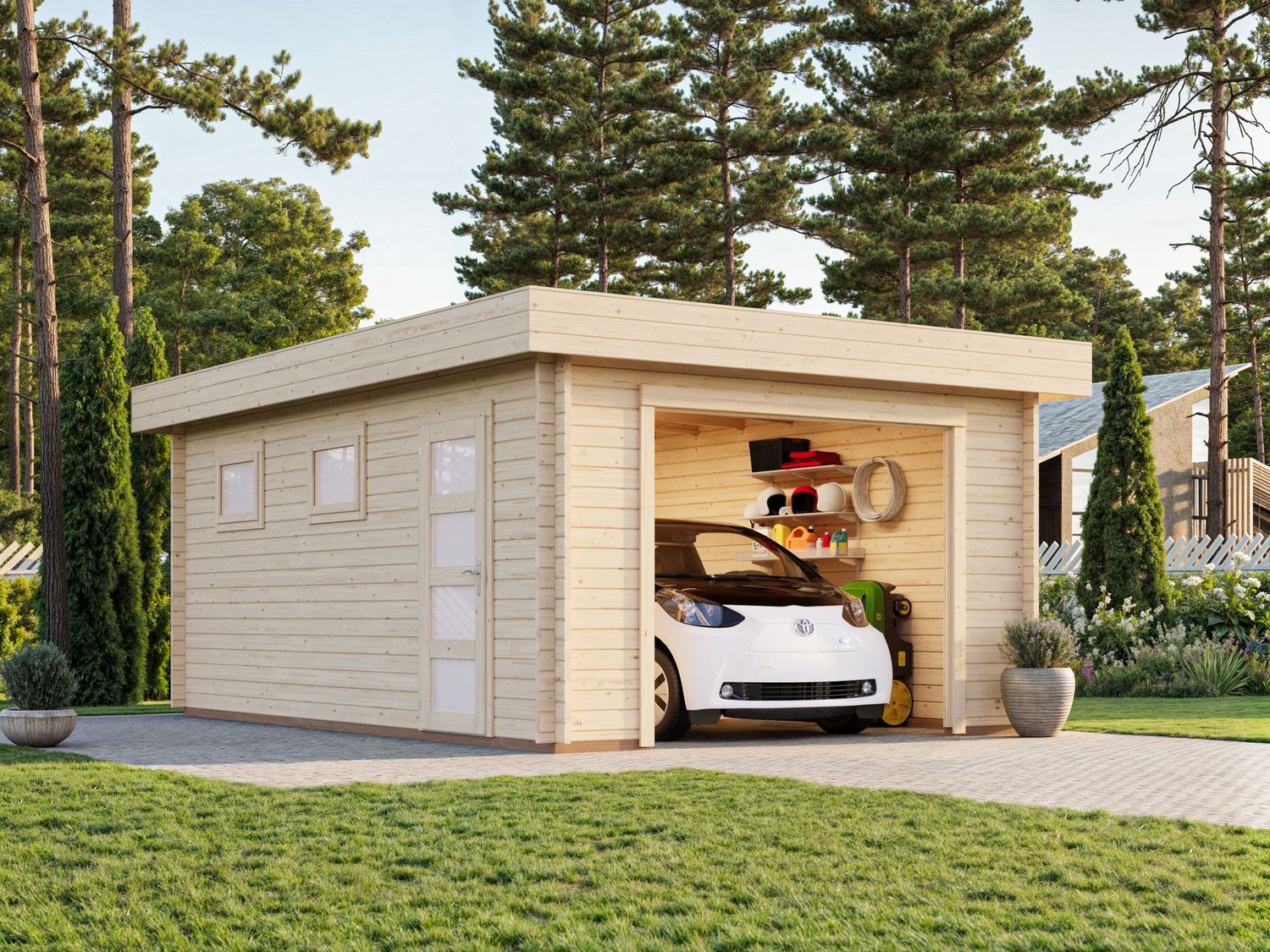 Garage Rasmus 19,0 m2 en bois 44 mm sans porte façade traité au choix