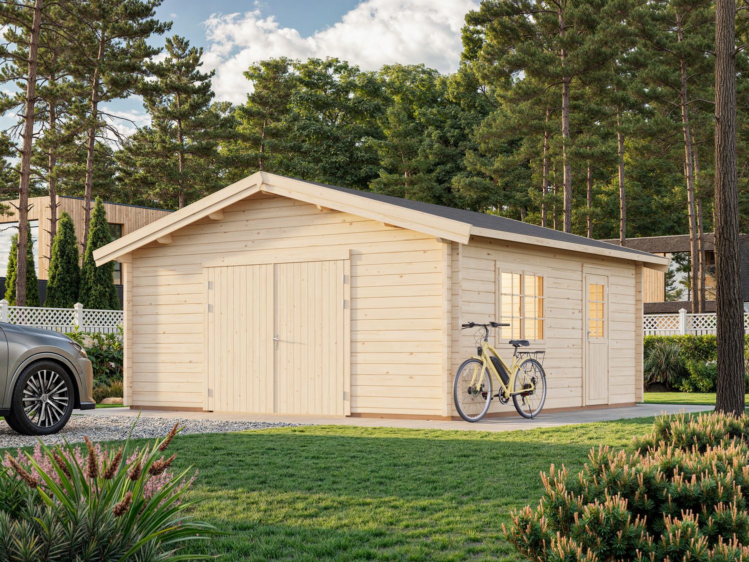 Garage toit deux pentes ROGER 27,7 m2 en bois 70 mm porte de façade en bois traité au choix