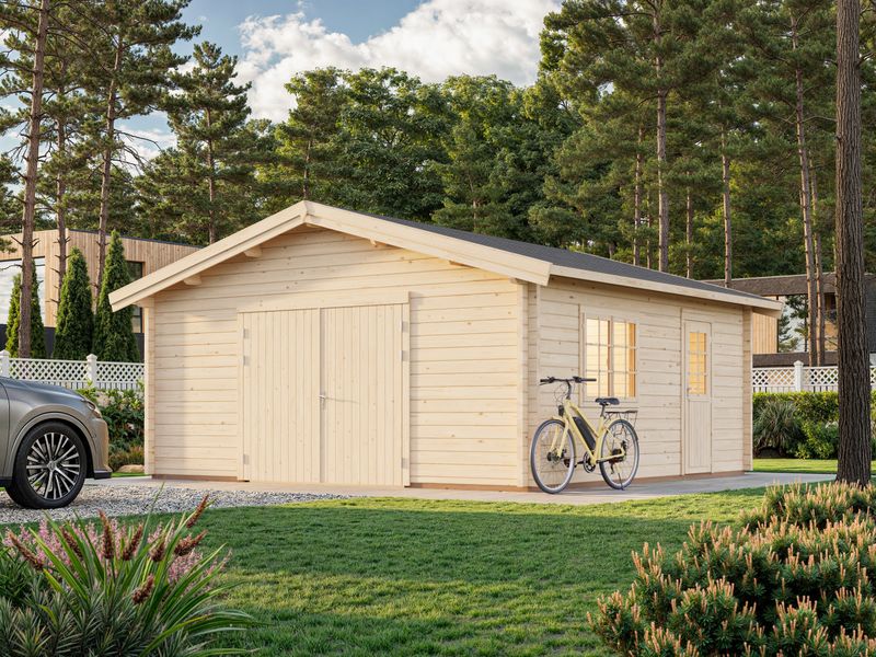 Garage toit deux pentes ROGER 27,7 m2 en bois 70 mm porte de façade en bois traité au choix