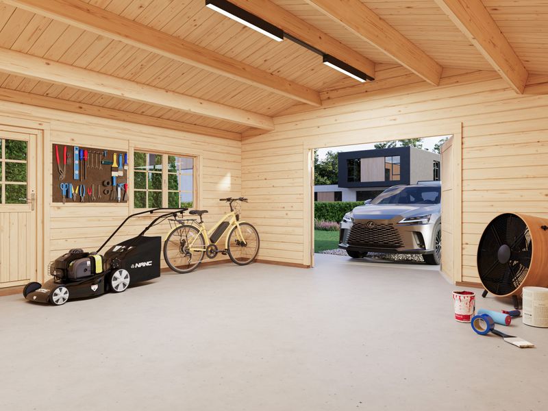 Garage toit deux pentes ROGER 27,7 m2 en bois 70 mm porte de façade en bois traité au choix