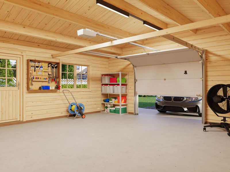 Garage toit deux pentes ROGER 27,7 m2 en bois 70 mm avec porte de façade sectionnelle traité au choix