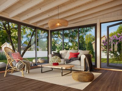 Jardin d'hiver LUMI 16,6 m2 SLIDE avec portes coulissantes traité au choix