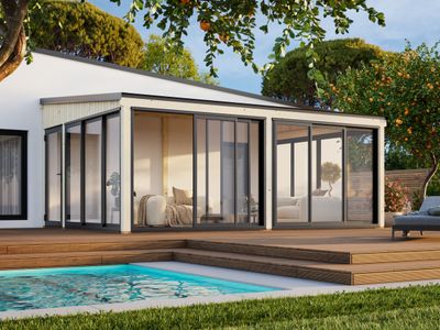 Jardin d'hiver LUMI 23.3 m2 SLIDE PLUS avec portes coulissantes traité au choix