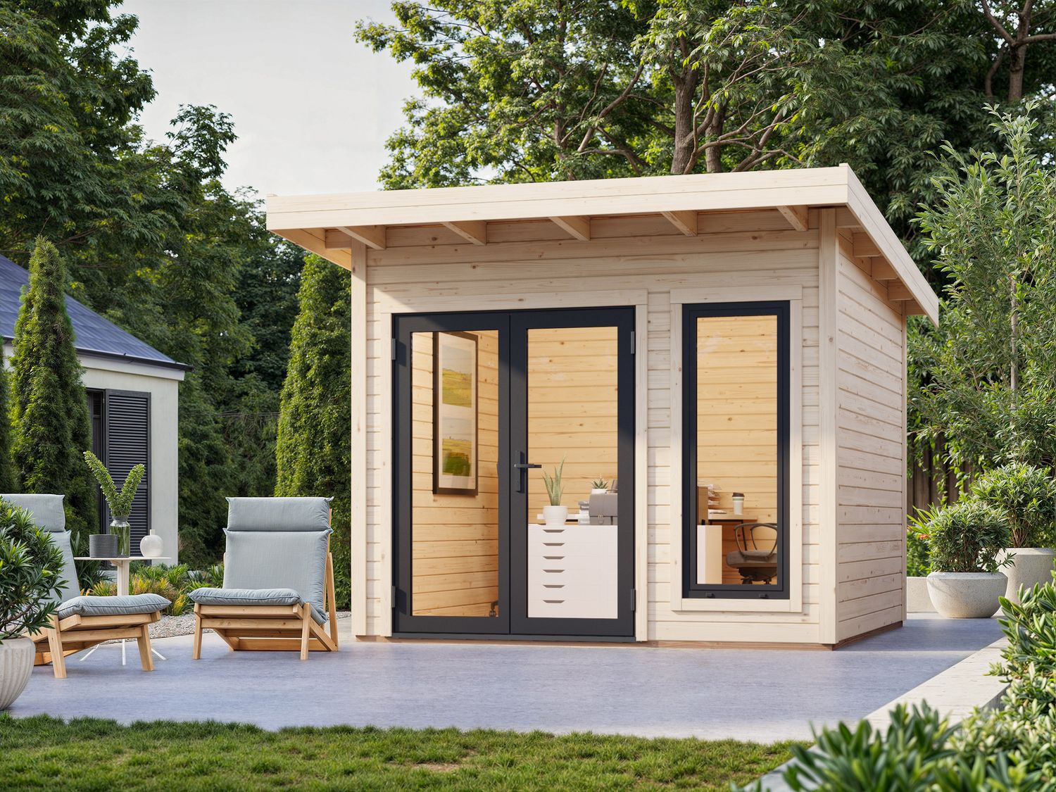 Studio de jardin toit plat AURELIA​ 8.4m2 en bois 44mm Traité au choix avec portes et fenêtres en aluminium