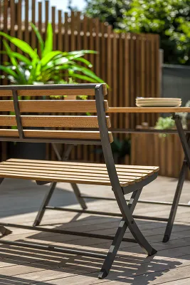 Ensemble repas pliant en teck et aluminium 4 pièces - PORTO RICO - Table, banc et 2 chaises - 4 personnes