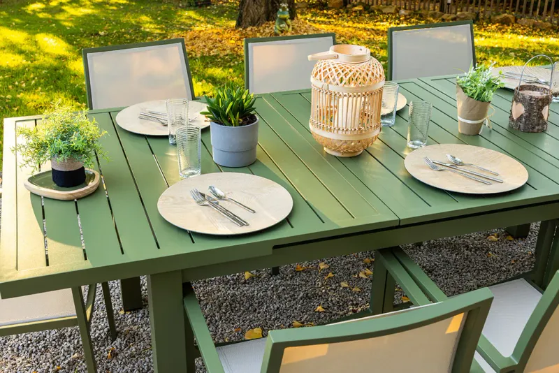 Ensemble repas SANTORIN 8/10 personnes - table et fauteuils Terracotta / Kaki / Gris bleuté