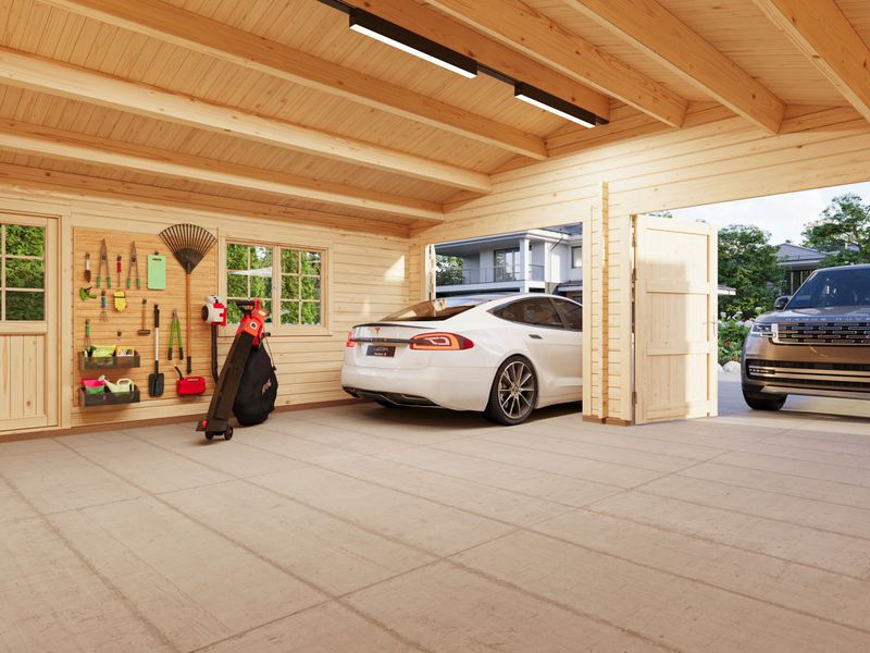 Garage Roger 28,4 m2 en bois 44 mm deux véhicules avec porte de façade en bois traité au choix