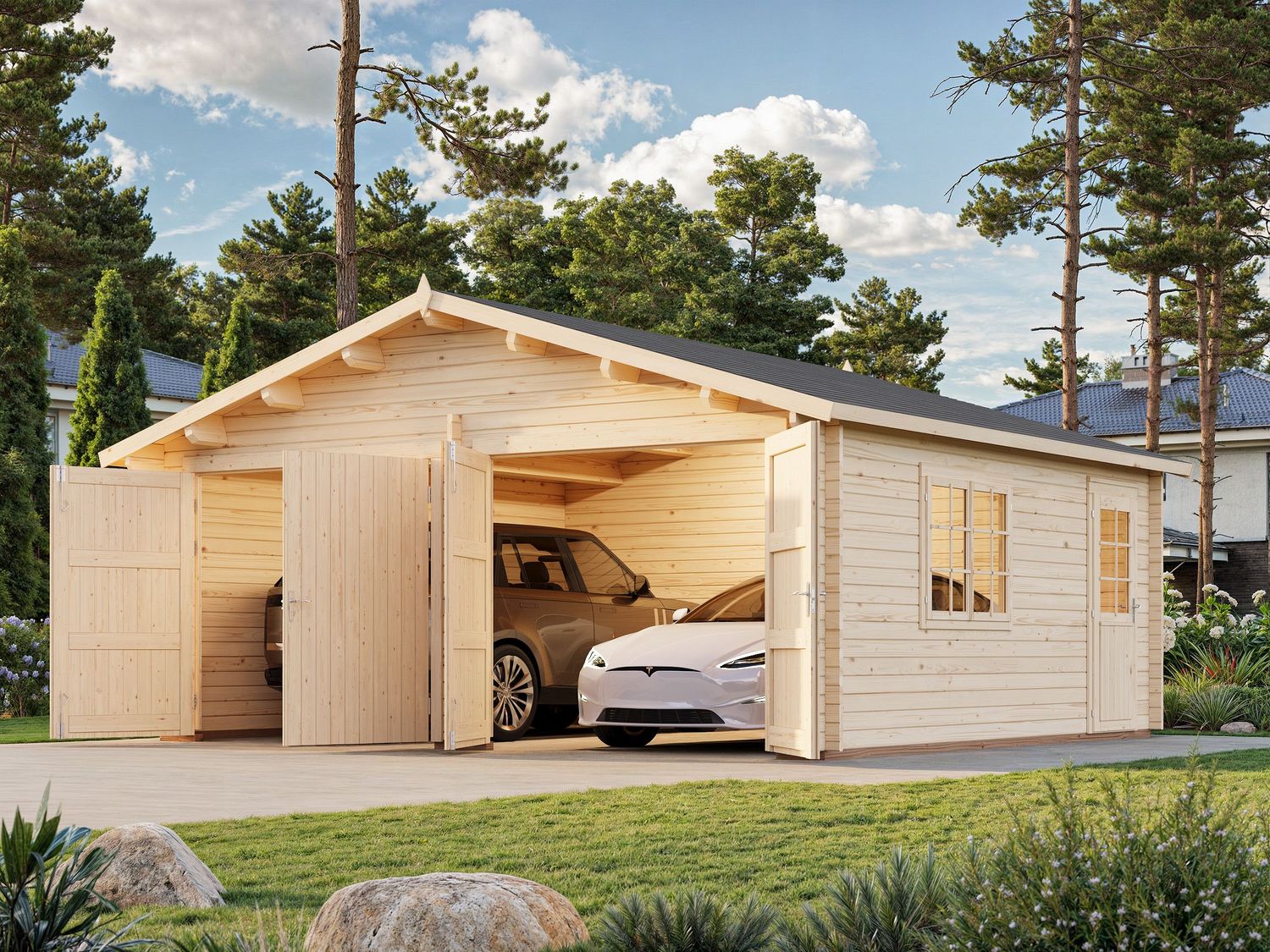 Garage Roger 28,4 m2 en bois 44 mm deux véhicules avec porte de façade en bois traité au choix
