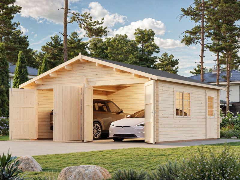 Garage Roger 28,4 m2 en bois 44 mm deux véhicules avec porte de façade en bois traité au choix