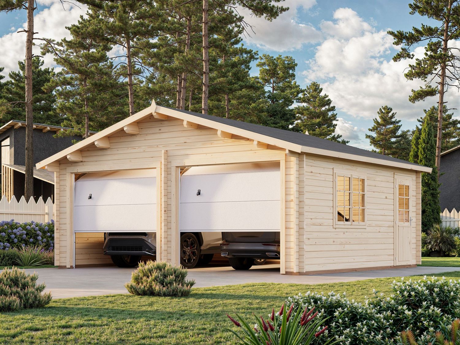 Garage Roger 28,4 m2 en bois 44 mm deux véhicules avec porte  sectionnelle traité au choix