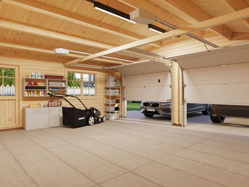 Garage Roger 28,4 m2 en bois 44 mm deux véhicules avec porte  sectionnelle traité au choix