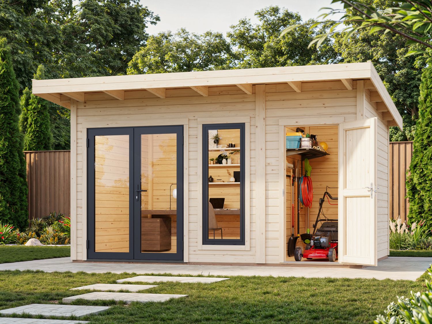 Studio de jardin toit plat AURELIA​ 12.4m2 en bois 44mm Traité au choix avec portes et fenêtres en aluminium