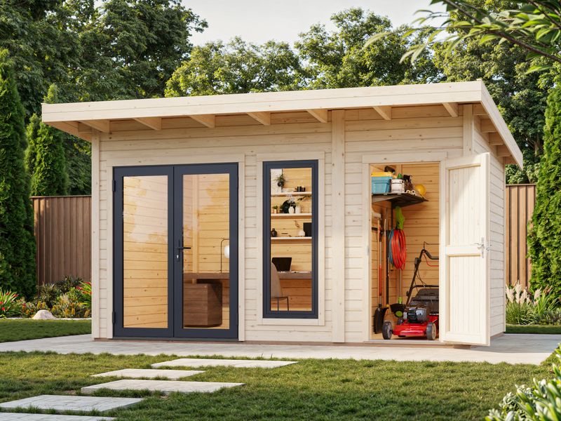 Studio de jardin toit plat AURELIA​ 12.4m2 en bois 44mm Traité au choix avec portes et fenêtres en aluminium