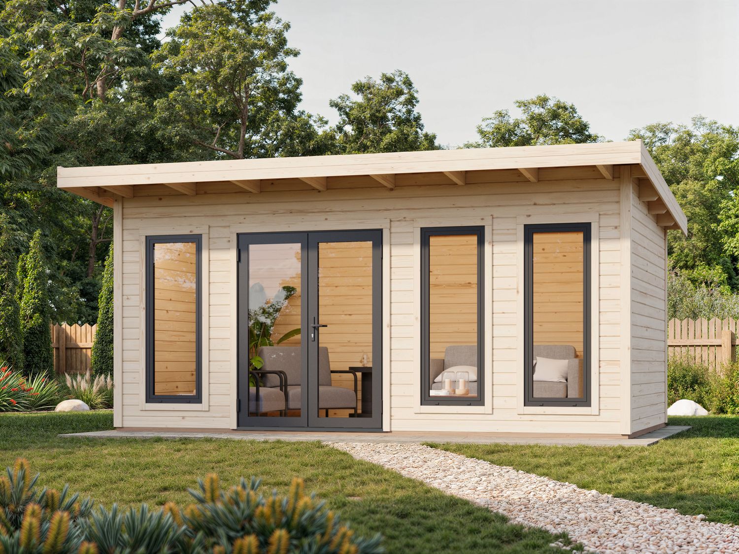 Studio de jardin toit plat AURELIA​ 15,2m2 en bois 44mm Traité au choix avec portes et fenêtres en aluminium