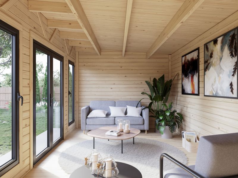 Studio de jardin toit plat AURELIA​ 15,2m2 en bois 44mm Traité au choix avec portes et fenêtres en aluminium