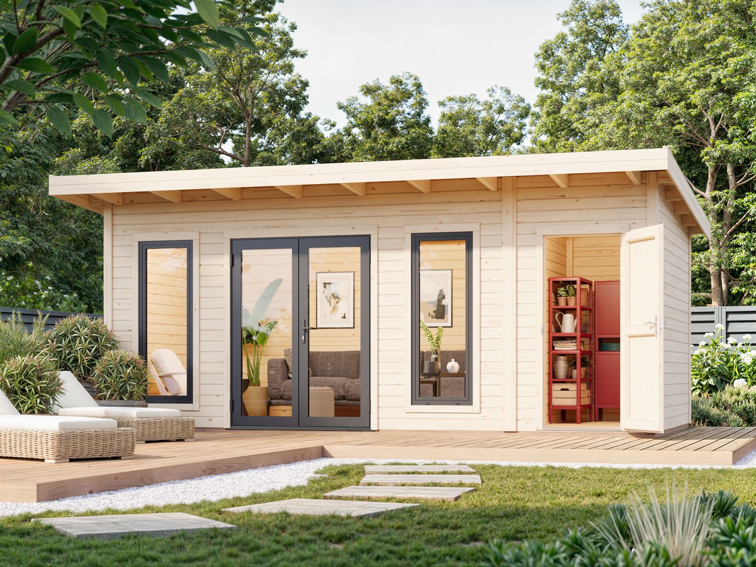 Studio de jardin toit plat AURELIA ​16.7 m2 en bois 44mm Traité au choix avec portes et fenêtres en aluminium
