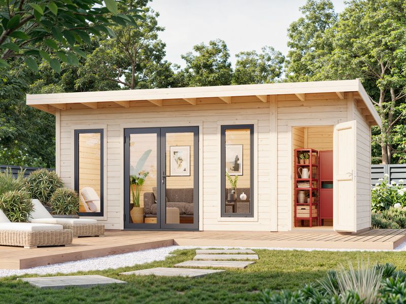 Studio de jardin toit plat AURELIA ​16.7 m2 en bois 44mm Traité au choix avec portes et fenêtres en aluminium