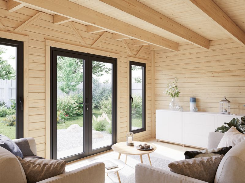 Studio de jardin toit plat AURELIA​ 12.7m2 en bois 44mm Traité au choix avec portes et fenêtres en aluminium