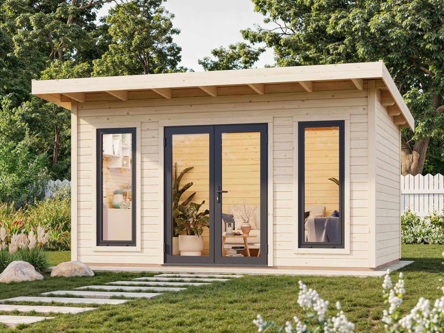 Studio de jardin toit plat AURELIA​ 12.7m2 en bois 44mm Traité au choix avec portes et fenêtres en aluminium